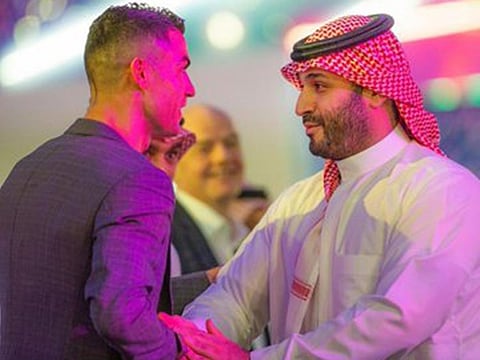 Ronaldo greets Crown Prince Mohammad at the esports event.