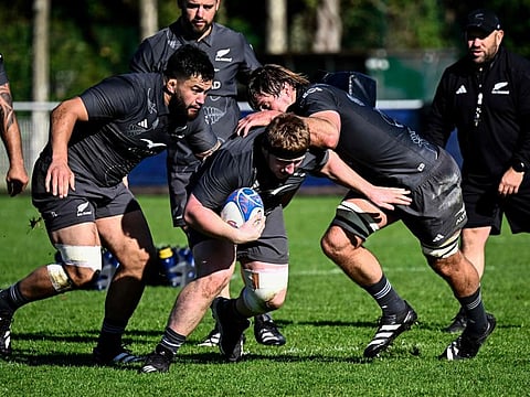 New Zealand's inside centre Jordie Barrett (centre) takes part in a training session at the Stade du Parc in Rueil-Malmaison, near Paris on Tuesday.
