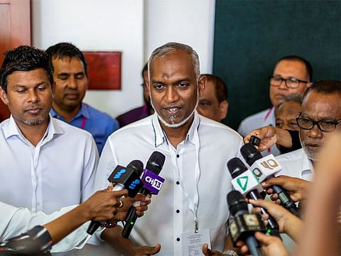 Mohamed Muizzu speaks with the media personnel in Male, Maldives