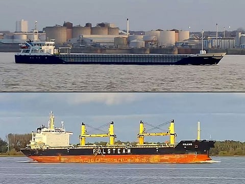 This combination of pictures created on October 24, 2023 shows grabs taken on October 24, 2023 from undated videos showing the Verity cargo ship (top) and the Polesie cargo ship in Hamburg, northern Germany.