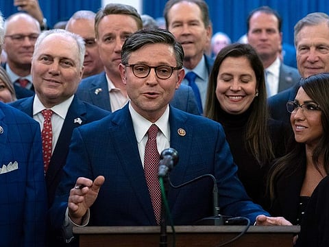 Rep. Mike Johnson speaks after he was chosen as the Republicans latest nominee for House speaker at a Republican caucus meeting at the Capitol in Washington, Tuesday, Oct. 24, 2023.