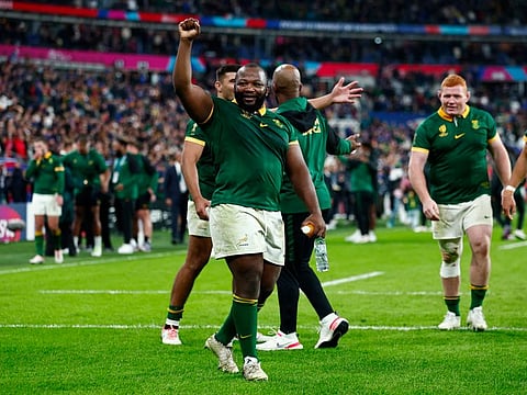 South Africa's Ox Nche celebrates after the match against France in the Rugby World Cup at the Stade de France, Saint-Denis, France on October 15.