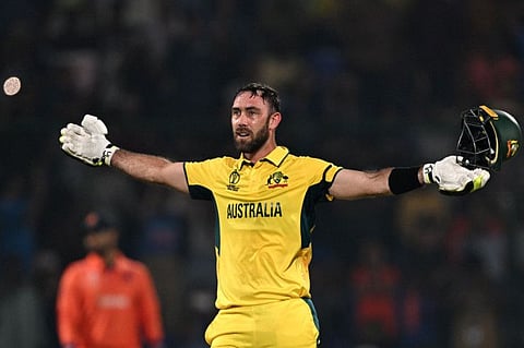 Australia's Glenn Maxwell celebrates after scoring a century against the Netherlands in New Delhi on Wednesday.