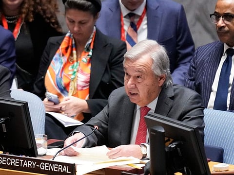 Guterres speaks during a Security Council meeting at United Nations headquarters, on  October 24, 2023.