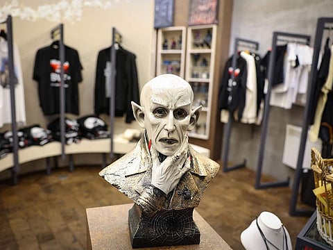 A bust representing vampire is pictured at a souvenir shop of Bran castle.