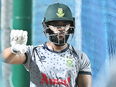 South Africa's Temba Bavuma attends a practice session on the eve of their 2023 ICC Men's Cricket World Cup match against Pakistan at the MA Chidambaram Stadium in Chennai on October 26, 2023.