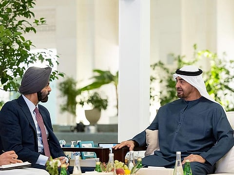 UAE President His Highness Sheikh Mohamed bin Zayed Al Nahyan (right), meets with Ajay Banga, President of the World Bank Group, at Qasr Al Shati Palace, in Abu Dhabi.