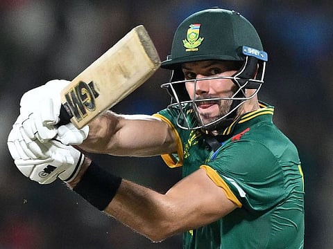 South Africa’s Aiden Markram plays a pull shot against Pakistan during the 2023 ICC Men's Cricket World Cup match at the MA Chidambaram Stadium in Chennai, India, on October 27, 2023. Markram’s 91 was the cornerstone of South Africa’s one-wicket win over Pakistan.