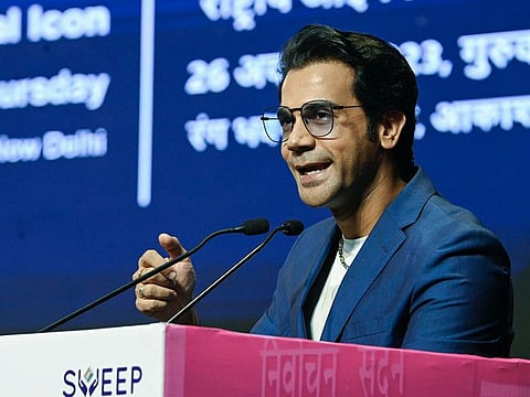 Bollywood actor Rajkumar Rao addresses a programme appointing him as Election Commission's National Icon, at  Rangbhawan Auditorium, Akashwani Bhavan in New Delhi on Thursday.