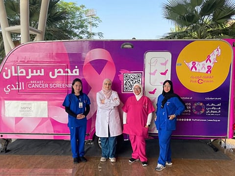 The Sheikh Shakhbout Medical City (SSMC) partnered with organisations like Pink Caravan and Abu Dhabi Ladies Club to provide free check-ups and engage the public on breast cancer prevention. They also offer a support group for patients and their families, focusing on their unique experiences and well-being.