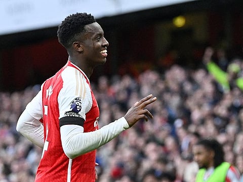 Arsenal's Eddie Nketiah celebrates scoring their third goal and completes his hat-trick against Sheffield United.
