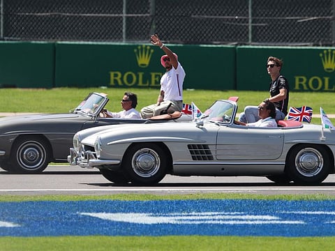 Mercedes' Lewis Hamilton and George Russell during the drivers during the Mexico City Grand Prix at Autodromo Hermanos Rodriguez on Sunday.