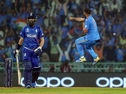 India's Mohammed Shami celebrates the wicket of England's Moeen Ali during their match in the World Cup at Bharat Ratna Shri Atal Bihari Vajpayee Ekana Cricket Stadium in Lucknow on Sunday.