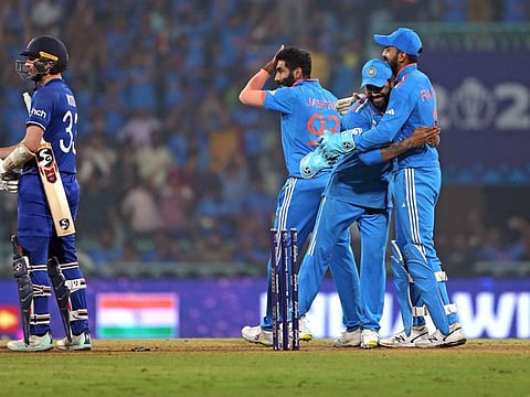 India's KL Rahul and Ravindra Jadeja celebrate after winning the match against England in the World Cup at Bharat Ratna Shri Atal Bihari Vajpayee Ekana Cricket Stadium in Lucknow on Sunday.