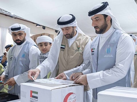 Sheikh Sultan bin Ahmed bin Sultan Al Qasimi (far right), Deputy Ruler of Sharjah, at 'Tarahum for Gaza' event at Al Bayt Mitwahid Center in Sharjah on Sunday