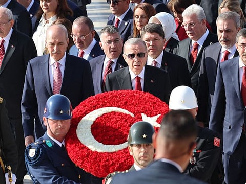 Erdogan and state officials visit Anitkabir, the mausoleum of Turkish Republic's Founder Mustafa Kemal Ataturk, to mark the 100th anniversary of Turkish Republic in Ankara, on October 29, 2023.