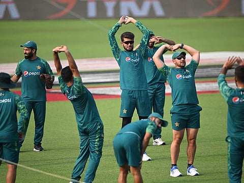 Pakistan's Shaheen Shah Afridi (centre) attends a practice session at the Eden Gardens in Kolkata on Monday.