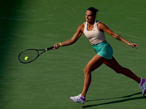 Aryna Sabalenka defeated Greece’s Maria Sakkari 6-0, 6-1 in her group-stage opener of the WTA Finals at the Mexican resort of Cancuon on Sunday.