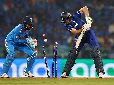 England captain Jos Buttler is bowled out by a monster leg-break from India’s Kuldeep Yadav during the ICC Cricket World Cup 2023 match in Lucknow, India, on October 29, 2023. Buttler poor form was one of the problems that bedevilled England in their bid to retain the World Cup.