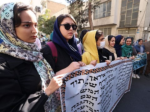 Iranian Jews hold an anti-Israel gathering in Tehran in support of Palestinians in Gaza on October 30, 2023.