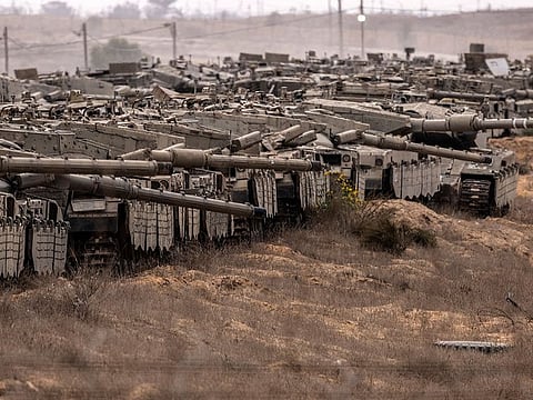 A buildup of Israeli tanks in southern Israel.