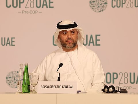 Ambassador Majid Al Suwaidi, Director-General of COP28, at a media briefing on Tuesday following the two-day Pre-COP meetings in Abu Dhabi