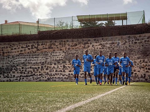 Migrant minors train as part of the Sansofe (Welcome) football project, on the Canary island of Tenerife.