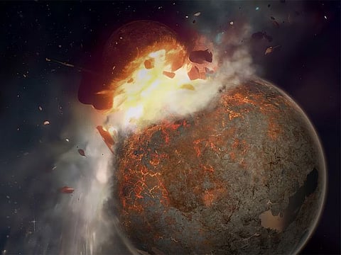 An artistic illustration about Theia impacting the proto-Earth.