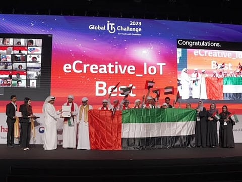 UAE teams celebrates their win at the awards ceremony at ADNEC in Abu Dhabi