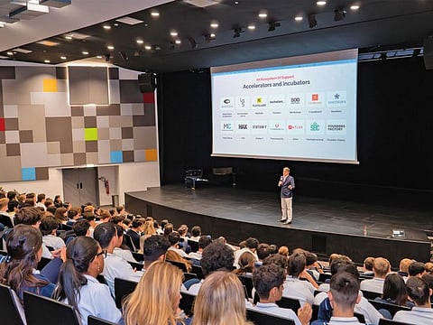 Lorenzo Jooris addressing students of GEMS Education on next generation entrepreneurship