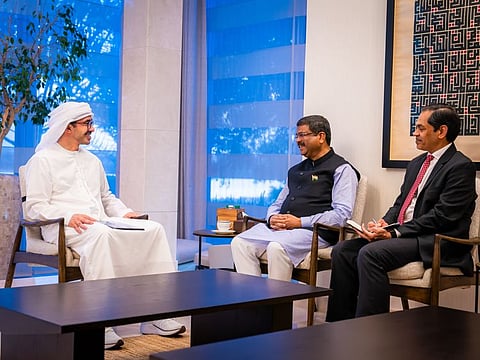 Sheikh Abdullah bin Zayed Al Nahyan and Dharmendra Pradhan during their meeting in Abu Dhabi on Wednesday. Indian Ambassador to the UAE Sunjay Sudhir also accompanied them at the meeting.