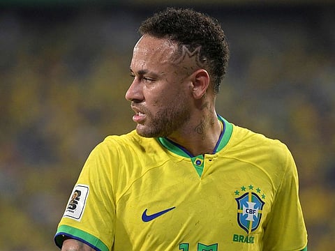 Brazil's forward Neymar gestures during the 2026 FIFA World Cup South American qualification football match between Brazil and Venezuela at the Arena Pantanal stadium in Cuiaba, Mato Grosso State, Brazil, on October 12, 2023.