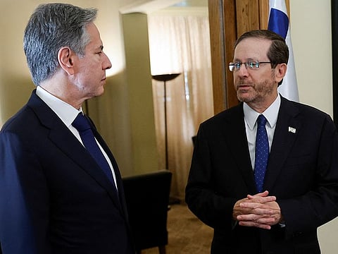 US Secretary of State Antony Blinken meets with Israeli President Isaac Herzog, during his visit to Israel, amid the ongoing conflict between Israel and the Palestinian Islamist group Hamas, in Tel Aviv, Israel November 3, 2023.