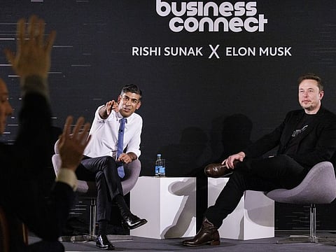 Rishi Sunak, UK prime minister, left, takes a question with Elon Musk, CEO of Tesla, during a fireside discussion on artificial intelligence risks in London, UK, on Thursday.