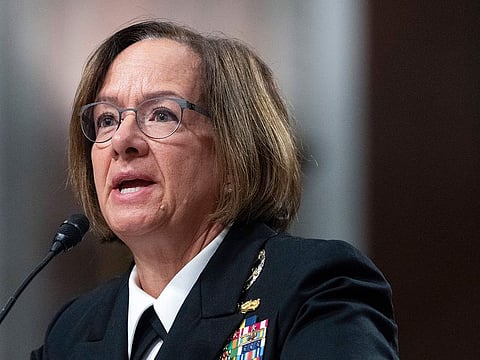 Navy Adm. Lisa Franchetti speaks during a Senate Armed Services Committee hearing on her nomination for reappointment to the grade of admiral and to be Chief of Naval Operations, Sept. 14, 2023, on Capitol Hill in Washington.