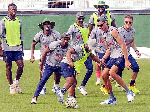 South Africa's players during a practice session ahead of the match against India in the ICC Men's Cricket World Cup 2023, at Eden Gardens, in Kolkata on Saturday.