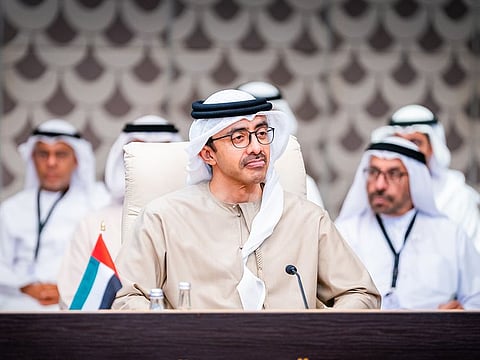 UAE's Minister of Foreign Affairs Sheikh Abdullah bin Zayed Al Nahyan (centre) participates in the coordination meeting of Arab foreign ministers held in Amman.