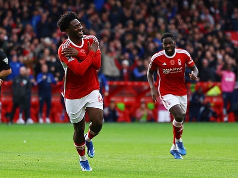 Nottingham Forest's Ola Aina celebrates scoring their first goal against Aston Villa during a Premier League match at the City Ground, Nottingham, on Sunday.