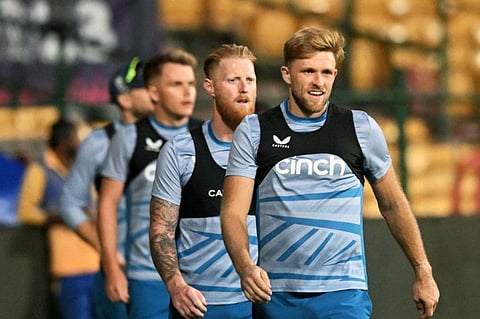 England's cricketers during a practice session at the M. Chinnaswamy Stadium in Bengaluru on October 24.