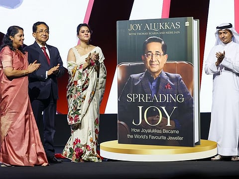 Joy Alukkas, with wife Jolly Joy, actress and brand ambassador Kajol Devgan and Ahmed Al Ameri, CEO, Sharjah Book Authority, at the launch of the book