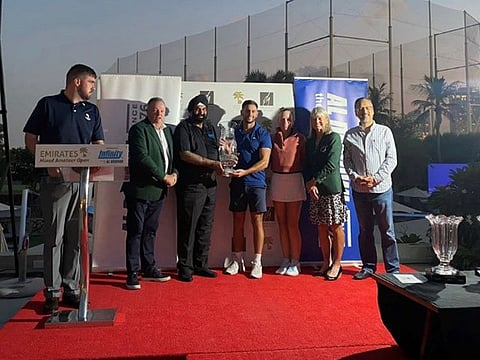 Annabel Ayres and Bradley Webb presented prizes by EGC Mens Captain Frank Duggan, EGC Lady Captain Fiona Berry, Chairman Al Dobowi Surrendur Khandari and CEO Rohit Raina