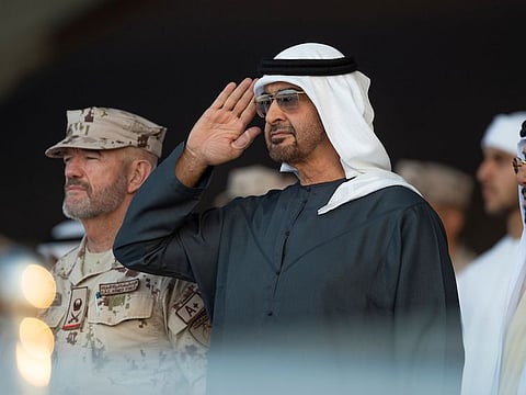 President His Highness Sheikh Mohamed bin Zayed Al Nahyan attends the Union Fortress military exercise. Seen with Sheikh Tahnoon bin Mohamed Al Nahyan and Major General Mike Hindmarsh, Commander of the UAE Presidential Guard.