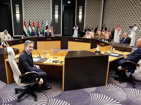 US Secretary of State Antony Blinken attends a meeting with Jordan's Foreign Minister Ayman Safadi, Saudi Arabia's Foreign Minister Prince Faisal bin Farhan al-Saud, Qatar's Prime Minister and Foreign Minister Mohammed bin Abdulrahman al-Thani, United Arab Emirates Foreign Minister Abdullah bin Zayed al-Nahyan, Egyptian Foreign Minister Sameh Shoukry and Secretary General of the Executive Committee of the Palestine Liberation Organization (PLO) Hussein al-Sheikh.