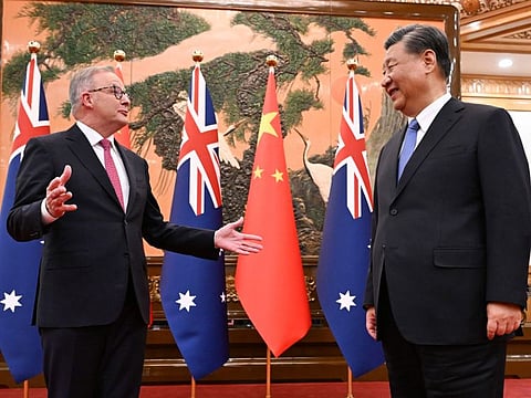 Australia's Prime Minister Anthony Albanese, left, gestures as he meets with China's President Xi Jinping at the Great Hall of the People in Beijing, China, Monday, Nov. 6, 2023.