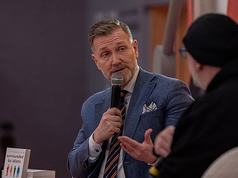 Erikson (left) during a freewheeling chat with radio host Big Haas at the book fair in Sharjah