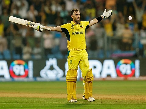 Australia's Glenn Maxwell celebrates after guiding his team to victory against Afghanistan in Mumbai on Tuesday.