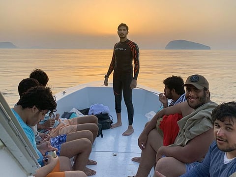Mohammad Abdullah Al Falasi and his friends — all of whom share a love of the extreme sports of "freestyle diving" — have since 2015 been conducting clean-up expeditions on weekends. They are seen here in Musandam, Oman.