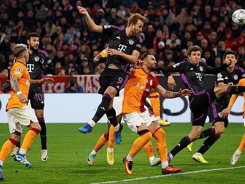 Bayern Munich's English forward Harry Kane scores the opening goal during the Champions League Group A match against Galatasaray AS in Munich on Wednesday.