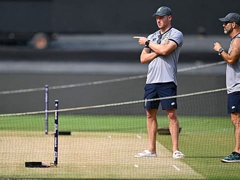 South Africa's David Miller (left) and head coach Rob Walter inspect the pitch during a practice session on the eve of their World Cup match against Afghanistan at the Narendra Modi Stadium in Ahmedabad on Thursday.