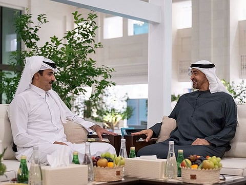 President His Highness Sheikh Mohamed bin Zayed Al Nahyan meets with Sheikh Tamim bin Hamad Al Thani, Emir of Qatar at Al Shati Palace.